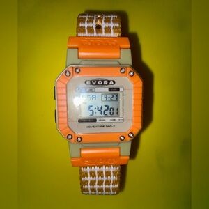 EVORA Watch, olive, granola, and trail orange